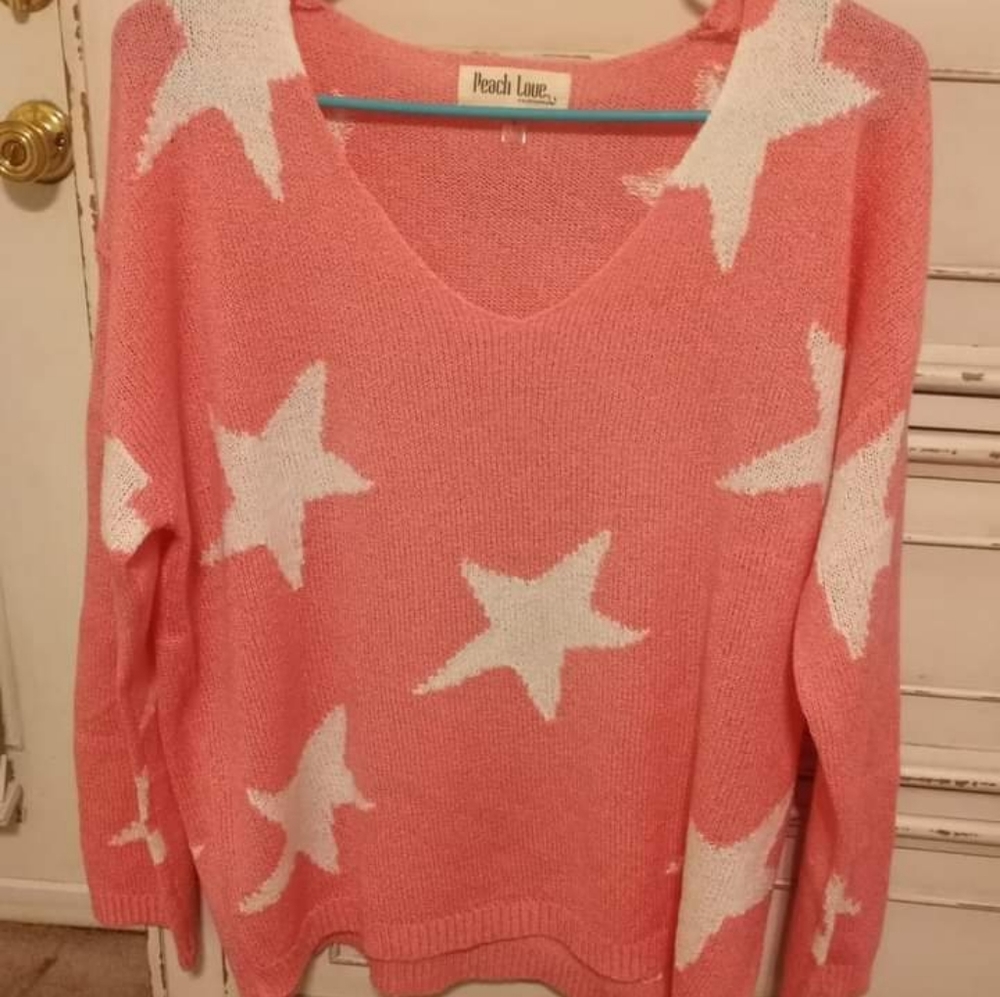 Peach Love Pink & White Stars Sweater Size Small